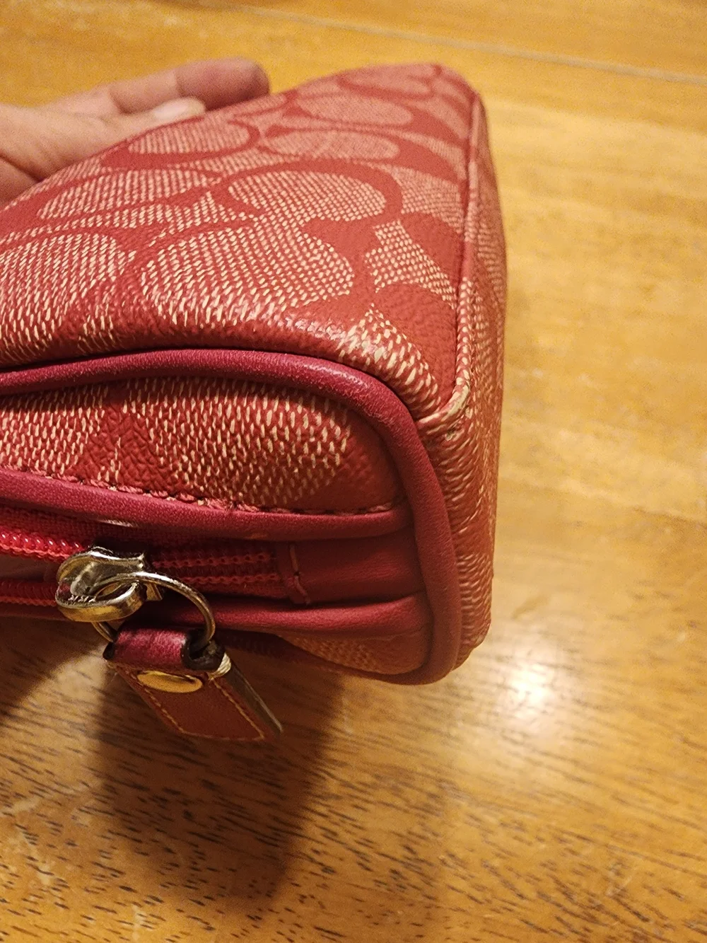 Coach Red Signature Stripe Cosmetic Pouch with Cream & Pink Center Stripe